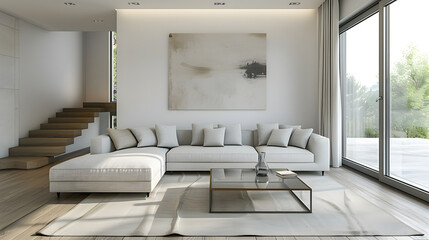 A minimalist living room with neutral colors, featuring a large, simple sofa, a glass or metal coffee table, and subtle artwork on the walls.