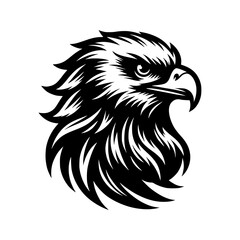 Black and white illustration of an eagle head. Esport logo of a falcon. Tattoo design for a hawk.