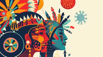 A vibrant abstract illustration featuring two figures with intricate symbolic details