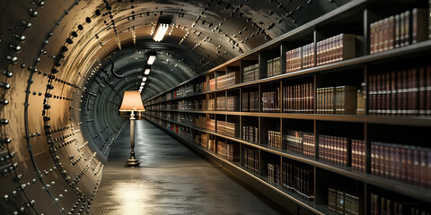 Fototapeta premium The Steel Caverns: A dimly lit subterranean chamber, housing rows of metallic bookshelves and a lone reading lamp.
