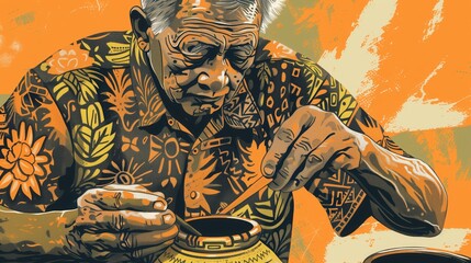 Fototapeta premium A detailed illustration of an elderly indigenous man working on pottery