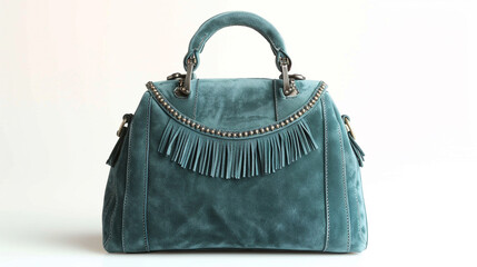A sophisticated teal suede handbag with delicate fringe details and antique brass hardware, beautifully displayed on a white background