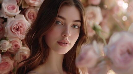 Fototapeta premium A beautiful brown-haired model stands in front of an explosion of pink and white roses for a commercial video for cosmetics, with soft lighting creating an elegant style, a closeup shot.