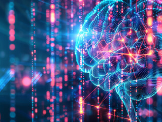 Obraz premium Digital representation of a neural network brain with vibrant, interconnected data points, illustrating advanced AI technology and machine learning. Artificial Intelligence Neural Network Visualizati