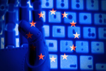 Artificial intelligence circuit line style. Europe flag Machine learning design. Smart network...