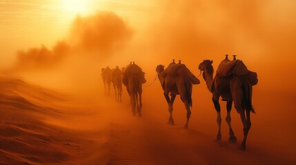 Camel Caravan Journey at Desert Sunset