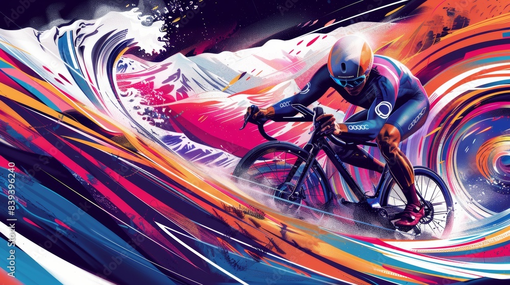 Poster Dynamic Modern Poster Design for Olympic Cycling Event Featuring Cyclist in Action and Vibrant Color Scheme