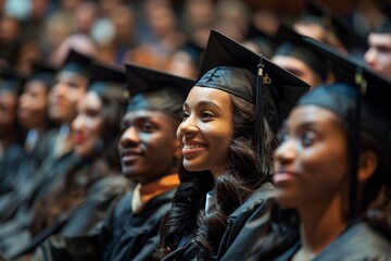 Obraz premium Diverse Group of Students Graduating in Caps and Gowns, Celebrating Academic Achievement