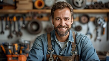 Smiling Engineer with Tools: holding various tools, isolated on a beige background, symbolizing hands-on expertise