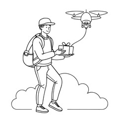 Line drawing of a man flying a delivery drone. Gift box for delivery.