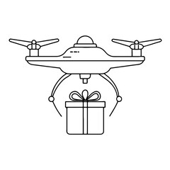 Continuous line drawing of a delivery drone with a gift box. Cargo drone delivery with unified vector design.