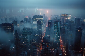 Misty Urban Skyline at Dusk with Illuminated Skyscrapers and City Lights - Futuristic Urban Life Concept for Posters and Wall Art