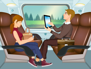 illustration of people enjoying themselves while traveling by train
