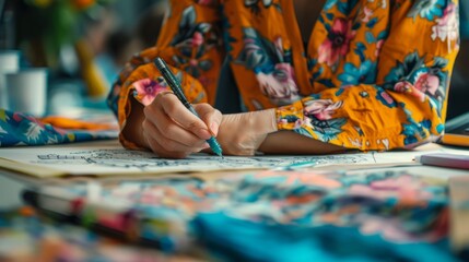 Crafting Style - Fashion Designer Sketching Clothing Designs. An image portraying the creative world of fashion design, featuring a designer engrossed in sketching out innovative clothing designs.