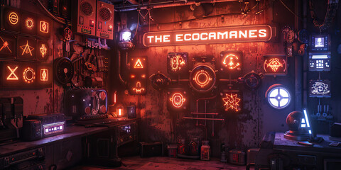 The Technomancer's Lair: A dimly lit room adorned with occult symbols and futuristic gadgets.