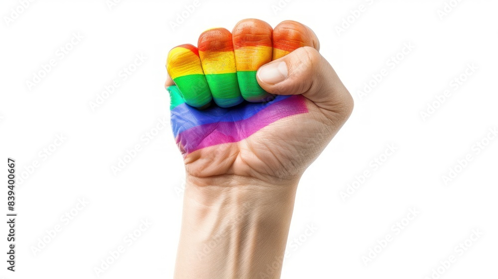 Wall mural fist hand with rainbow flag patterned isolate on white