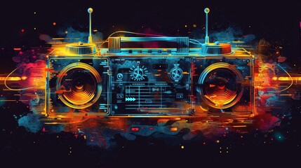 Vibrant Neon Boombox Illustration with Radiant Spectrum Effects and Retro Audio Waves in Electric Blue and Fiery Orange Tones.