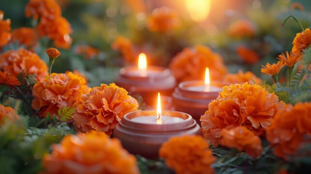 Lit candles among orange marigold flowers creating a warm ambiance