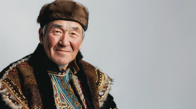 A Yakut man in traditional attire smiles for the camera