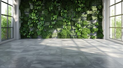 a green wall showcasing a hexagon-shaped wood pattern, juxtaposed against a minimalist concrete floor background, offering a versatile mock-up for home, office, or public place decoration.