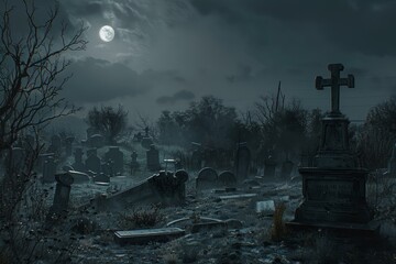 Haunted Cemetery at Midnight with Full Moon and Eerie Shadows for Halloween Design