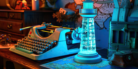 The Flickering Blue Lighthouse: A lighthouse-shaped desk lamp, a vintage typewriter, and a map of the internet.