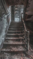 Decrepit Stairwell in Abandoned Building - Haunting Vertical Image for Horror or Halloween Designs