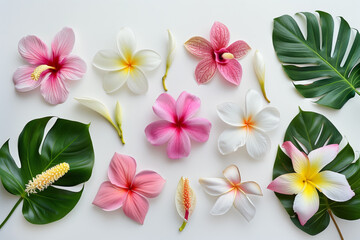A variety of tropical plants: frangipani flowers, hibiscus, lilies and palm leaves