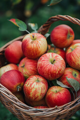 Bright ripe red and yellow apples in a wicker basket