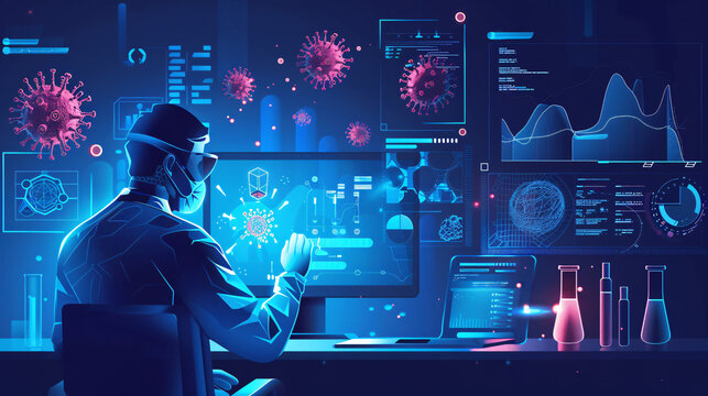 Covid variant tracking: Illustrate a high-tech lab where scientists monitor and analyze COVID variants in real-time