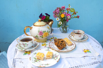 Afternoon hight  tea  cream tea  cake   vintage china  
royal  tea party lace  table cloth 