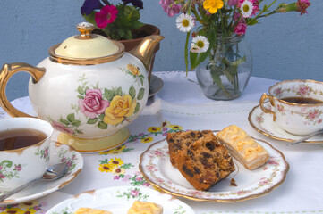 Afternoon hight  tea  cream tea  cake   vintage china  
royal  tea party lace  table cloth 