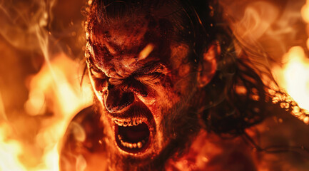 Closeup of an angry man's face screaming, surrounded by flames. 