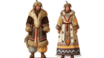 Obraz premium Yakut man and woman in traditional fur clothing