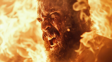 Closeup of an angry man's face screaming, surrounded by flames. 