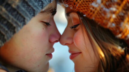 A winters kiss: love and affection amidst the snow. A close-up of a lgbt couple, wearing winter hats, sharing a tender kiss amidst a snowy backdrop