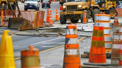 Construction Zones: Pictures of roads undergoing construction or repair work, featuring orange cones, barriers, and heavy machinery.