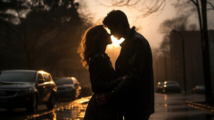 A silhouette of love in the evening city. A couple embraces and kisses under the golden glow of the setting sun, silhouetted against the cityscape and a street filled with cars