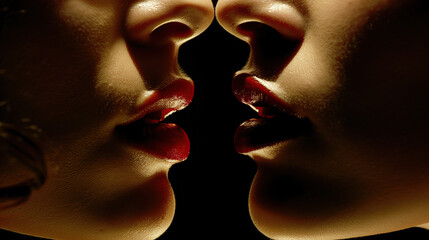 A moment of passion: lips in the dark. A close-up shot of two female lips meeting, about to kiss. The faces are obscured, but the focus is on the intense emotion of the moment