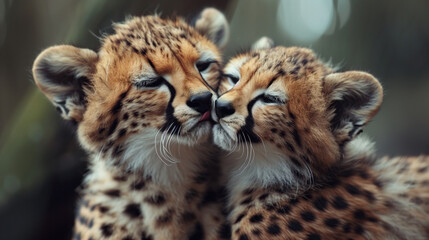 A tender moment between two cheetahs sharing a kiss in the wild. Two young cheetahs share a tender moment, their faces pressed together in a loving kiss