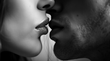A tender moment of passion. A black and white close-up photo of a couples kiss, capturing the intimacy and passion of the moment