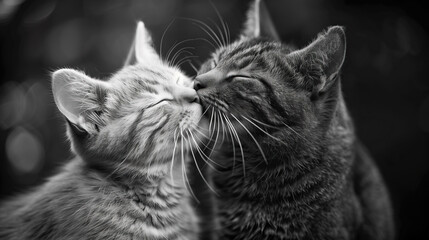 Two cute cats share a tender moment of love. A black and white photograph of two cats, their eyes closed and noses touching, in a tender display of affection