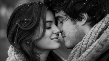 A black and white image of a couple deeply in love, their faces inches apart as they share a tender kiss, snow gently falling around them