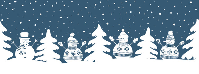 Snowmen have fun in Winter Holidays. Seamless Border. Christmas Background. Different snowmen in winter clothes under snowfall. Greeting Card Template. Vector illustration in dark blue, white
