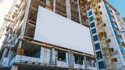 Blank white banner for advertisement mounted on construction site on a sunny day.