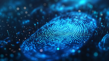 Futuristic Digital Fingerprint with Blue Glowing Lines and Dots Representing Cybersecurity and Biometric Technology in a High-Tech Abstract Background