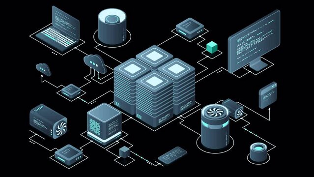 Isometric computer technology animation. Computation of big data center. Cloud computing. Online devices upload and download information. Transparent background with alpha channel