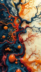 Abstract fluid art painting with vibrant colors and organic patterns, showcasing a blend of dark and light, with striking orange details.