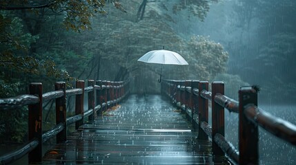 Fototapeta premium A Lonely Umbrella on a Rainy Bridge in the Woods