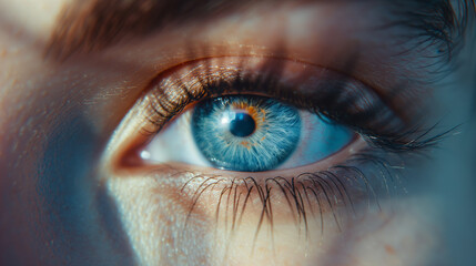 Fototapeta premium The eye is blue with a clear pupil, surrounded by long, dark eyelashes. The skin around the eye is smooth, and there's a hint of makeup, particularly on the eyelids